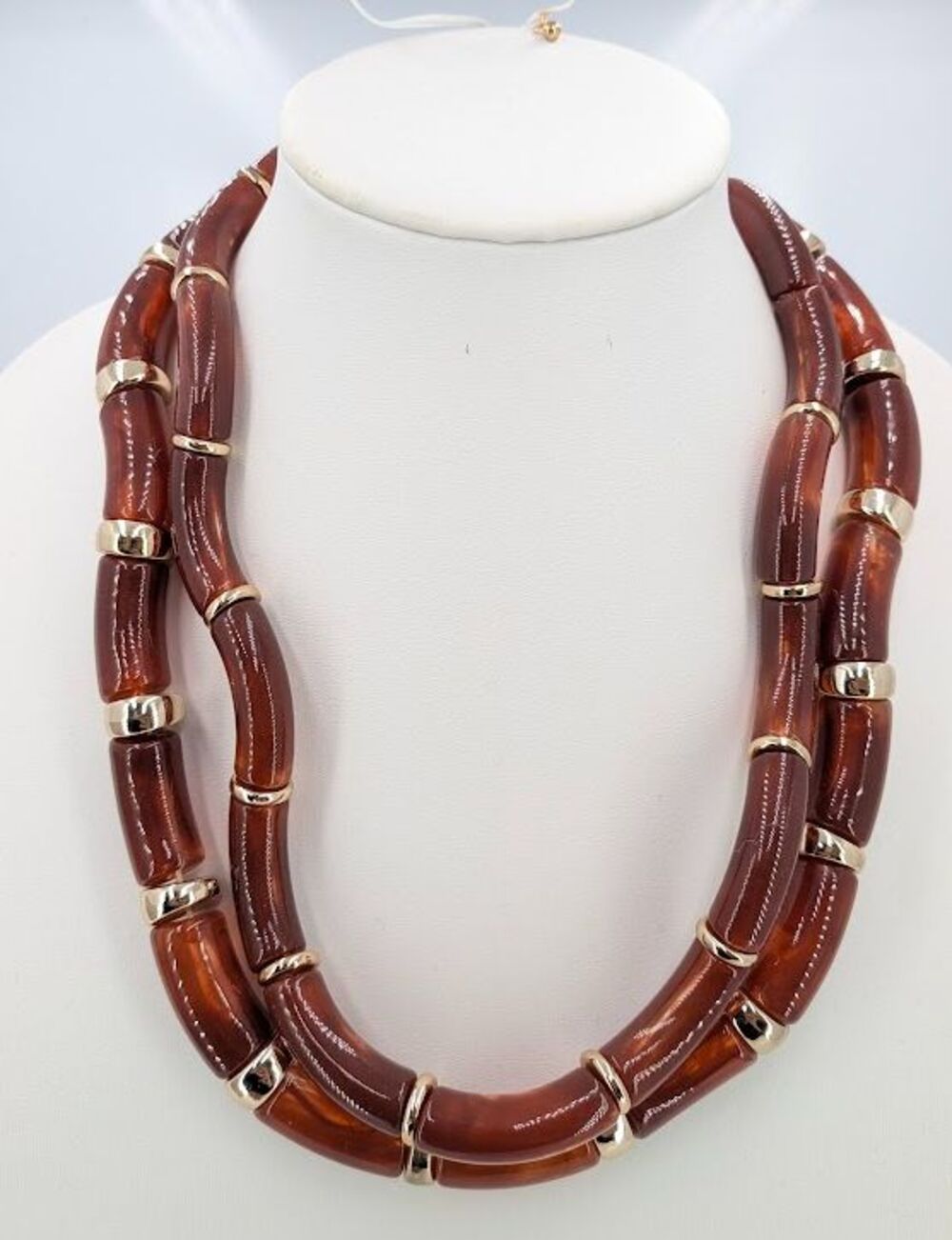 2pc Amber Color Resin Curved Tube Necklaces Gold Tone 24 & 27 Inch Statement Set